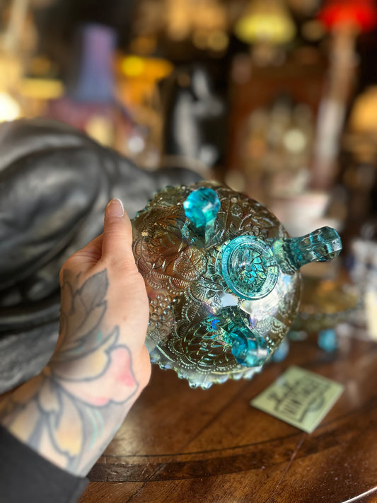 Vintage Fenton Teal Carnival Glass Three-Footed Bowl – Concord Grape & Lattice Pattern
