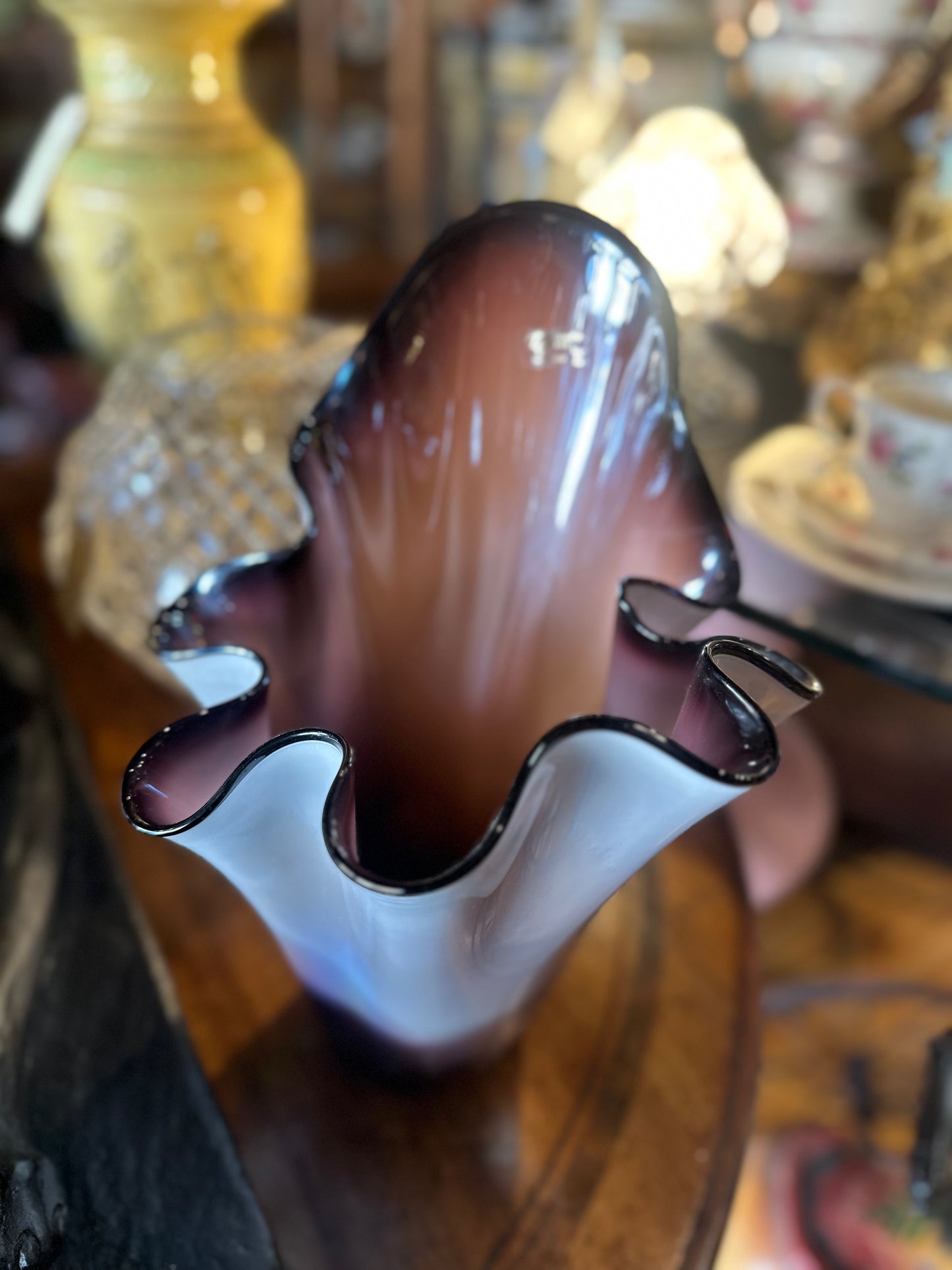 Large 40cm Vintage Danube Glass Amethyst & White Handblown Asymmetric Vase