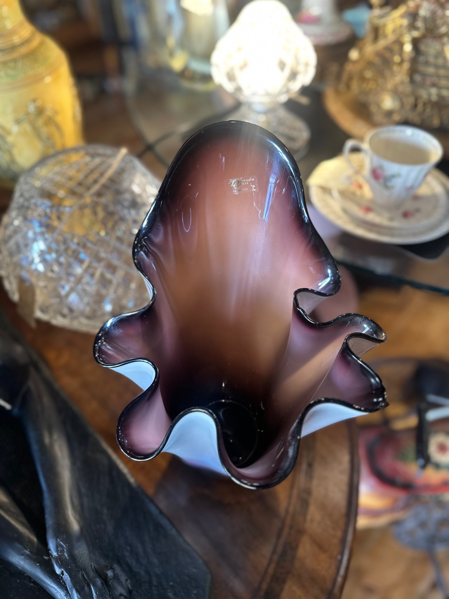 Large 40cm Vintage Danube Glass Amethyst & White Handblown Asymmetric Vase