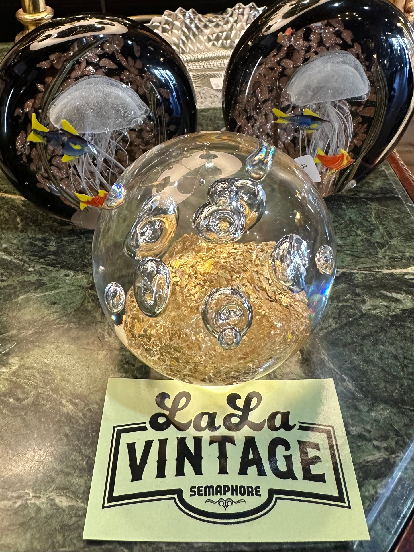 Vintage Art Glass Paperweight – Controlled Bubble Bullicante with Gold Leaf / Foil Base | Mid-Century Style