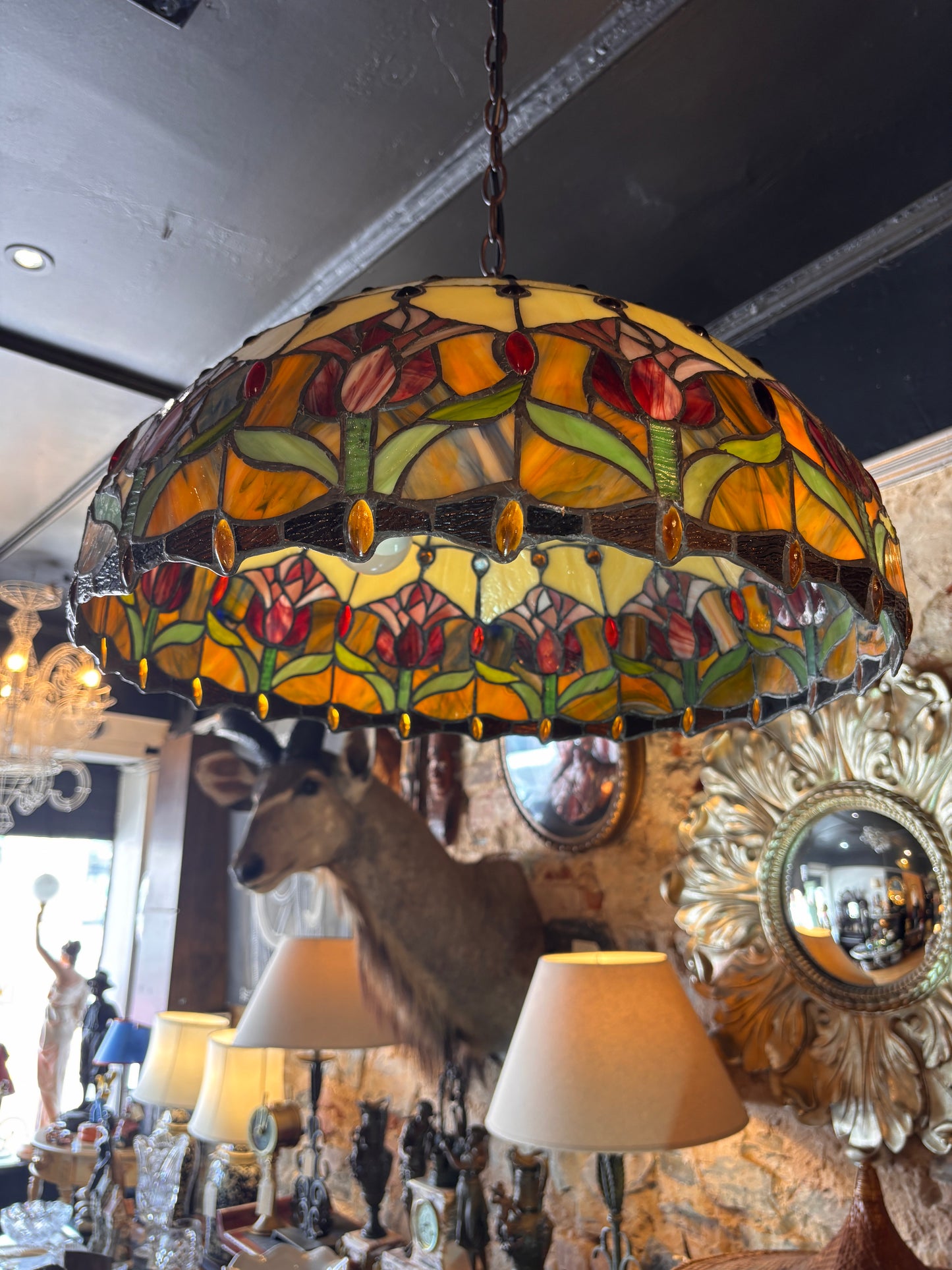 Large Tiffany Style Stained Glass Pendant Light – Floral Dome – 50 cm Vintage Hanging Lamp