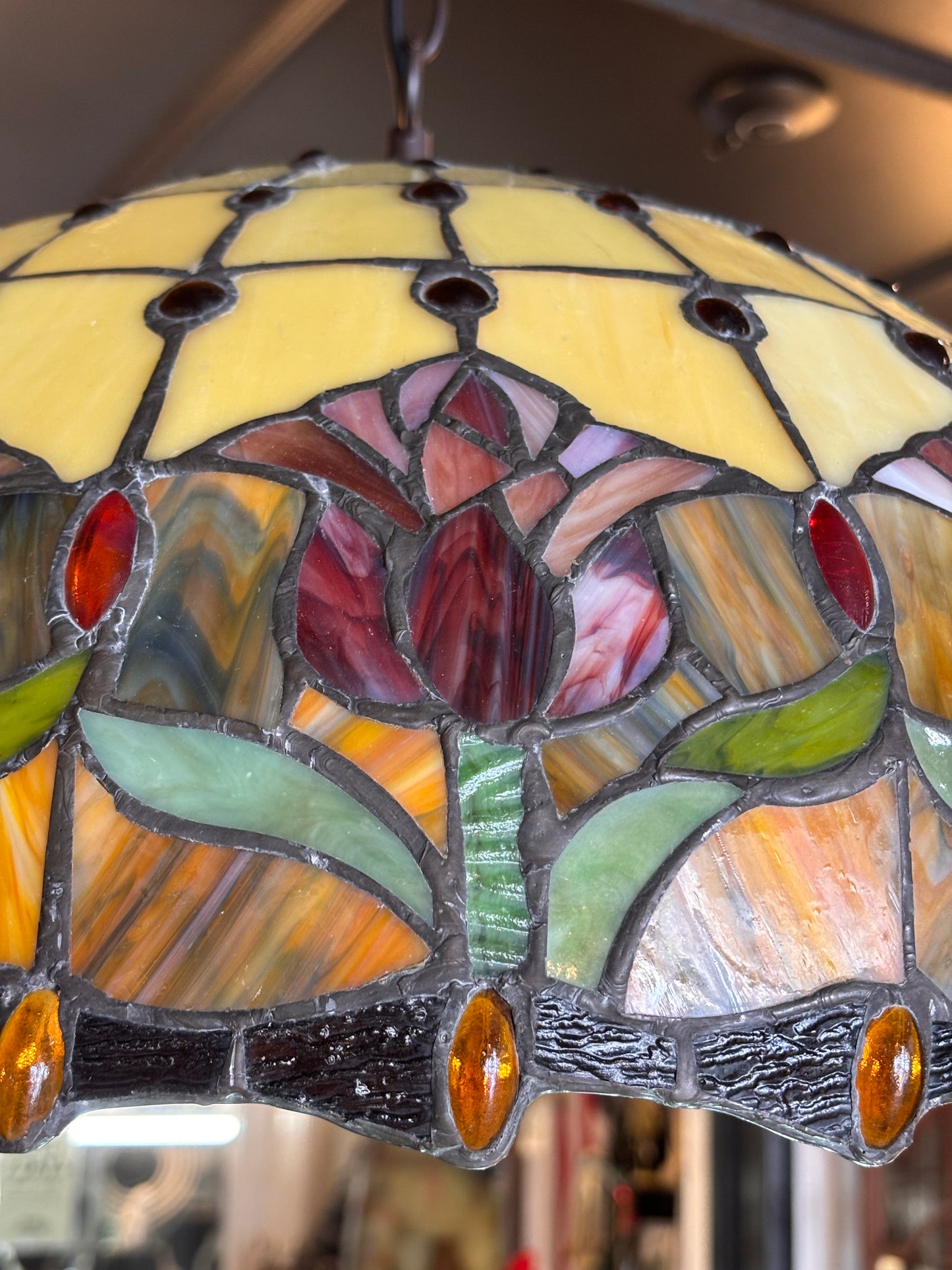 Large Tiffany Style Stained Glass Pendant Light – Floral Dome – 50 cm Vintage Hanging Lamp