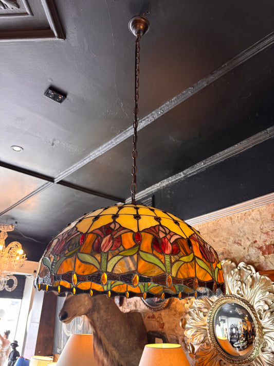 Large Tiffany Style Stained Glass Pendant Light – Floral Dome – 50 cm Vintage Hanging Lamp