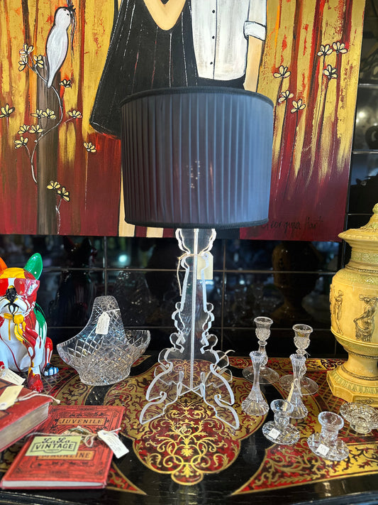 Vintage Clear Acrylic Lucite Table Lamp with Black Shade – Mid-Century Modern Decor Light