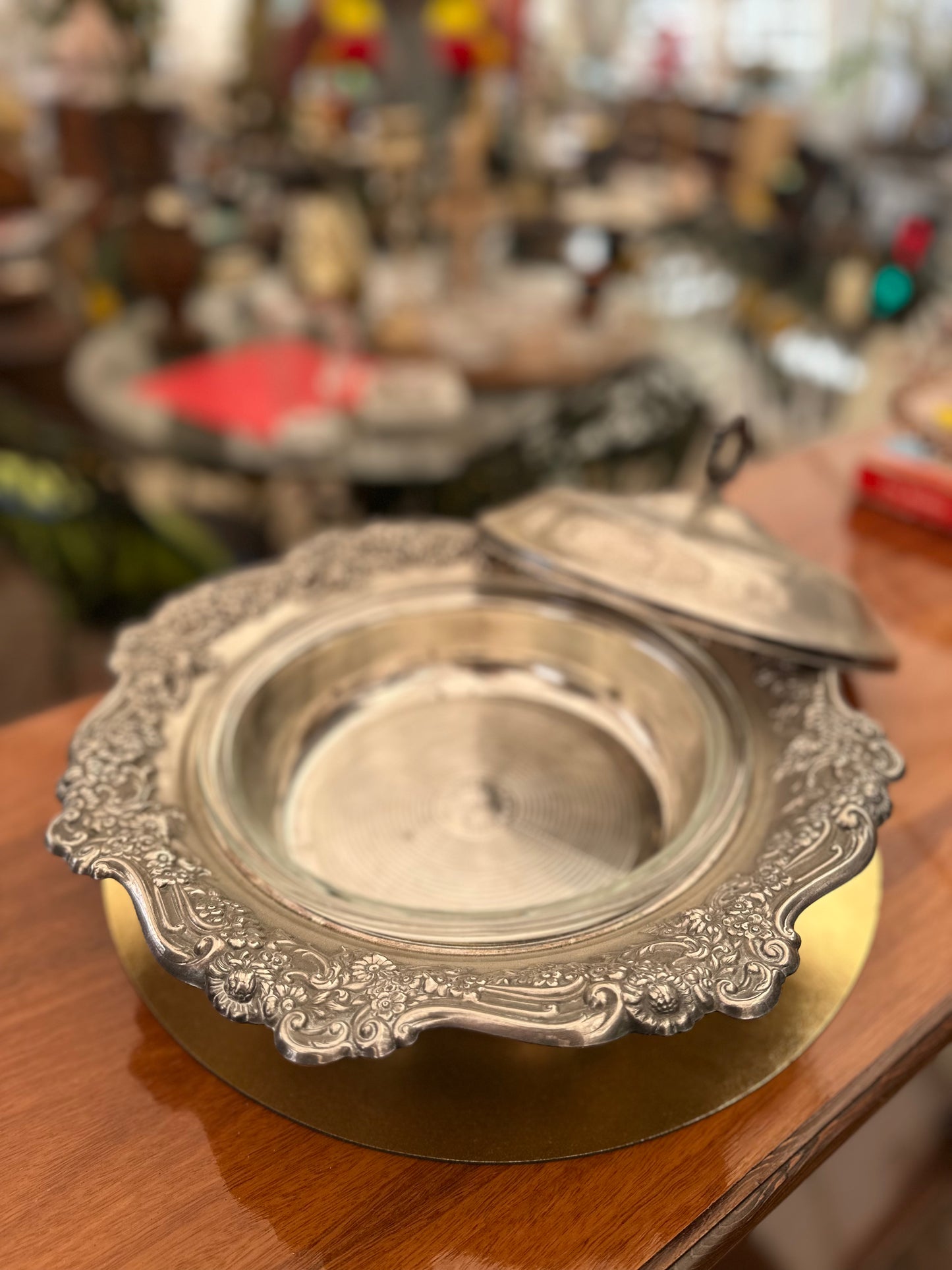 Vintage Silver Plated Covered Casserole Serving Dish | Ornate Neoclassical Lidded Entrée Dish with Glass Insert