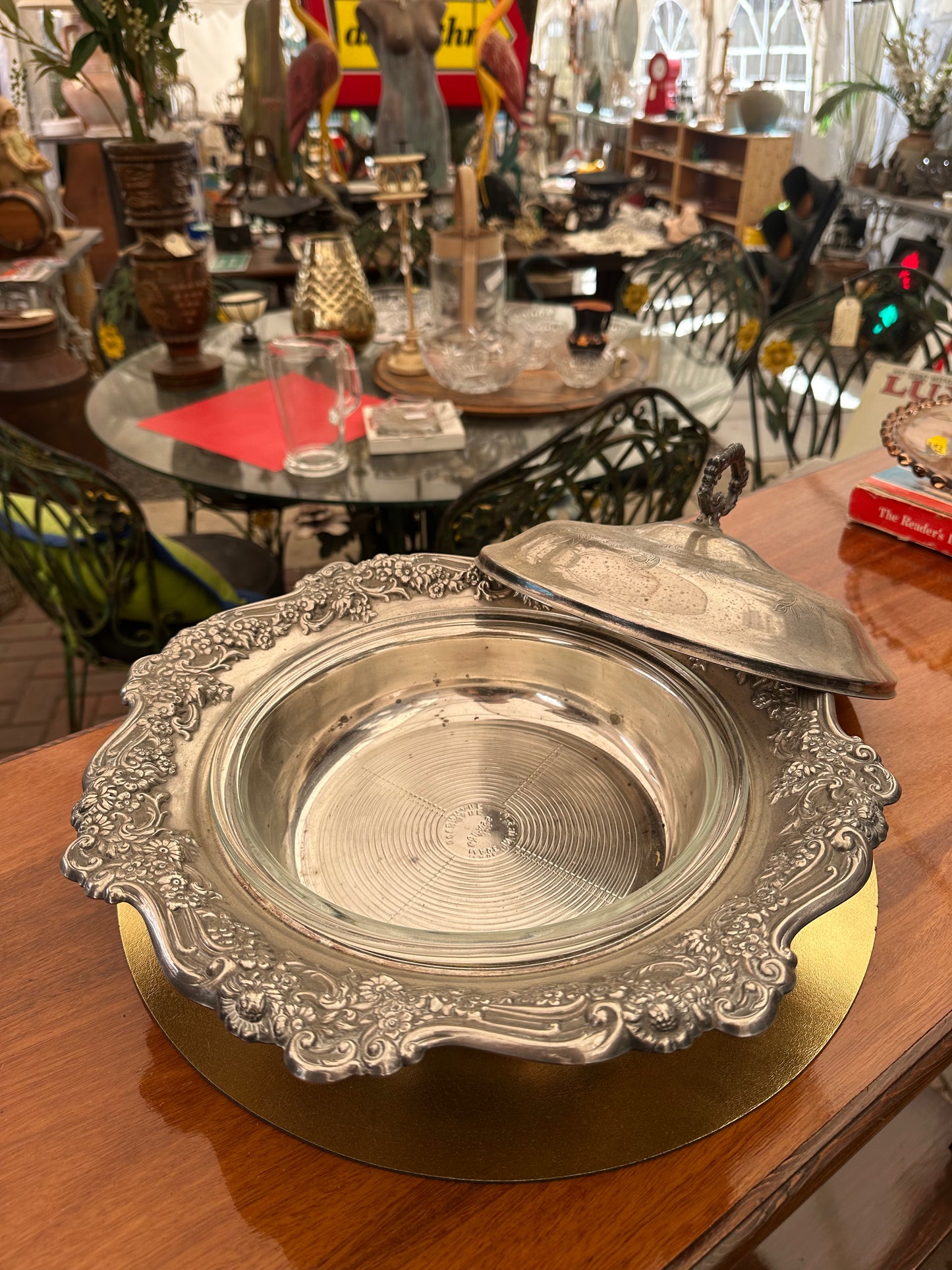 Vintage Silver Plated Covered Casserole Serving Dish | Ornate Neoclassical Lidded Entrée Dish with Glass Insert