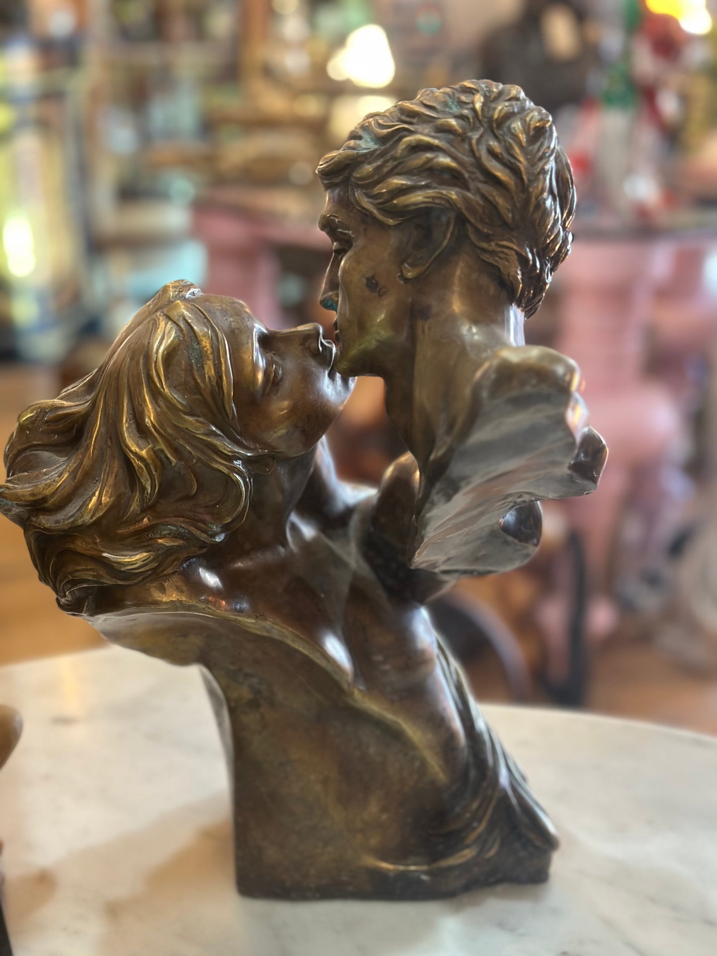 Vintage Neoclassical Bronze Kissing Lovers Sculpture