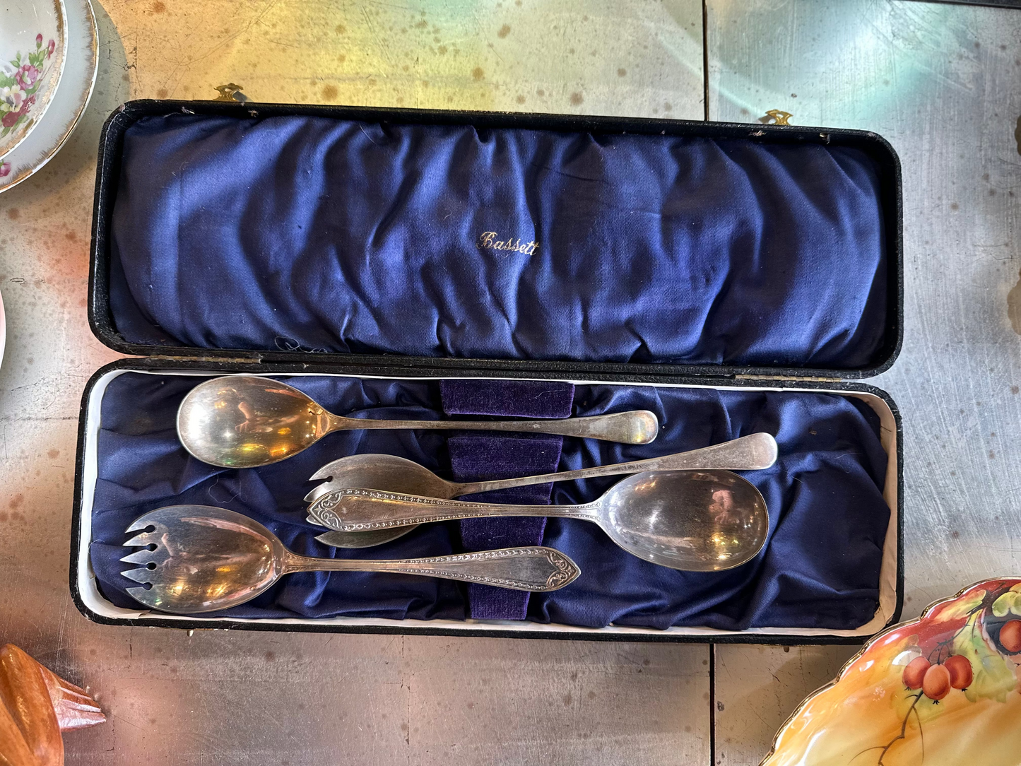 Vintage Bassett Silver Plated Salad Serving Set | Cased EPNS Spoon & Fork | Mid-Century Tableware