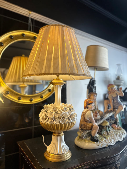 Vintage Italian Capodimonte Style Porcelain Floral Lamp | Hollywood Regency Gold Gilt Table Lamp