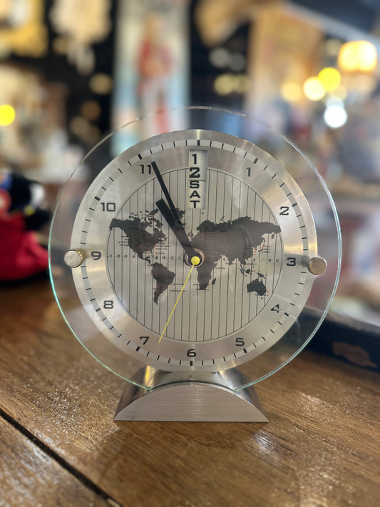 Vintage Silver World Time Desk Clock with Day-Date | Retro Map Dial Travel Decor