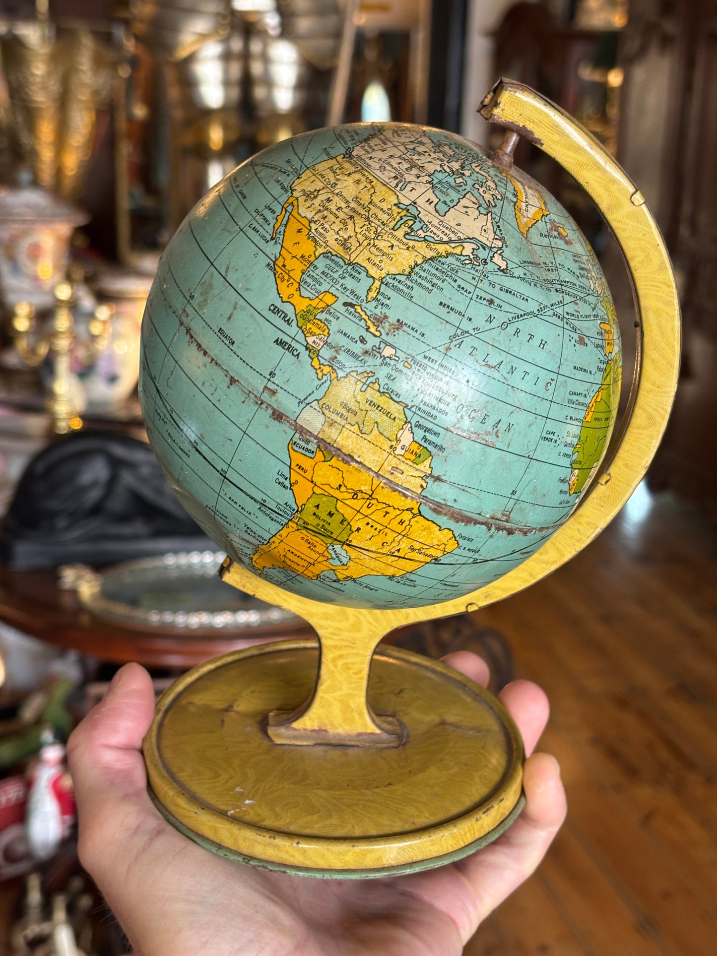 Antique 1930s J. Chein & Co. Tin Lithograph World Globe | Rare American Made Desk Globe with Zeppelin Flight Routes | La La Vintage