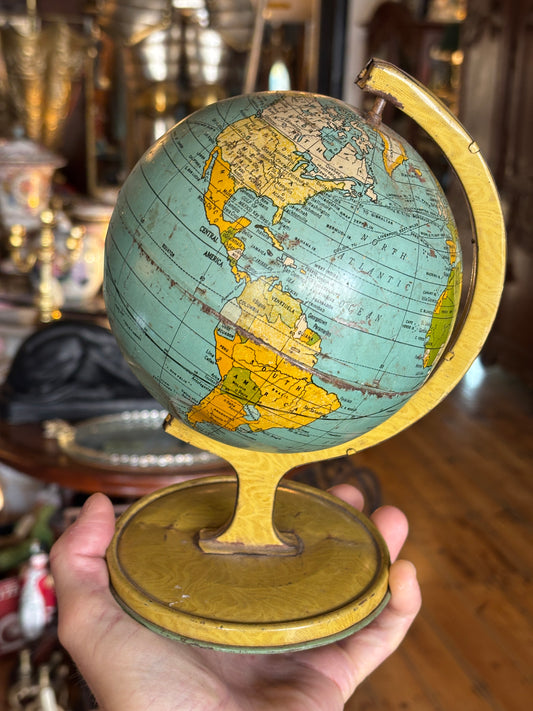 Antique 1930s J. Chein & Co. Tin Lithograph World Globe | Rare American Made Desk Globe with Zeppelin Flight Routes | La La Vintage