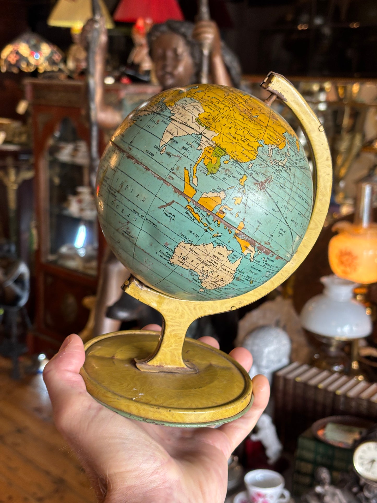 Antique 1930s J. Chein & Co. Tin Lithograph World Globe | Rare American Made Desk Globe with Zeppelin Flight Routes | La La Vintage