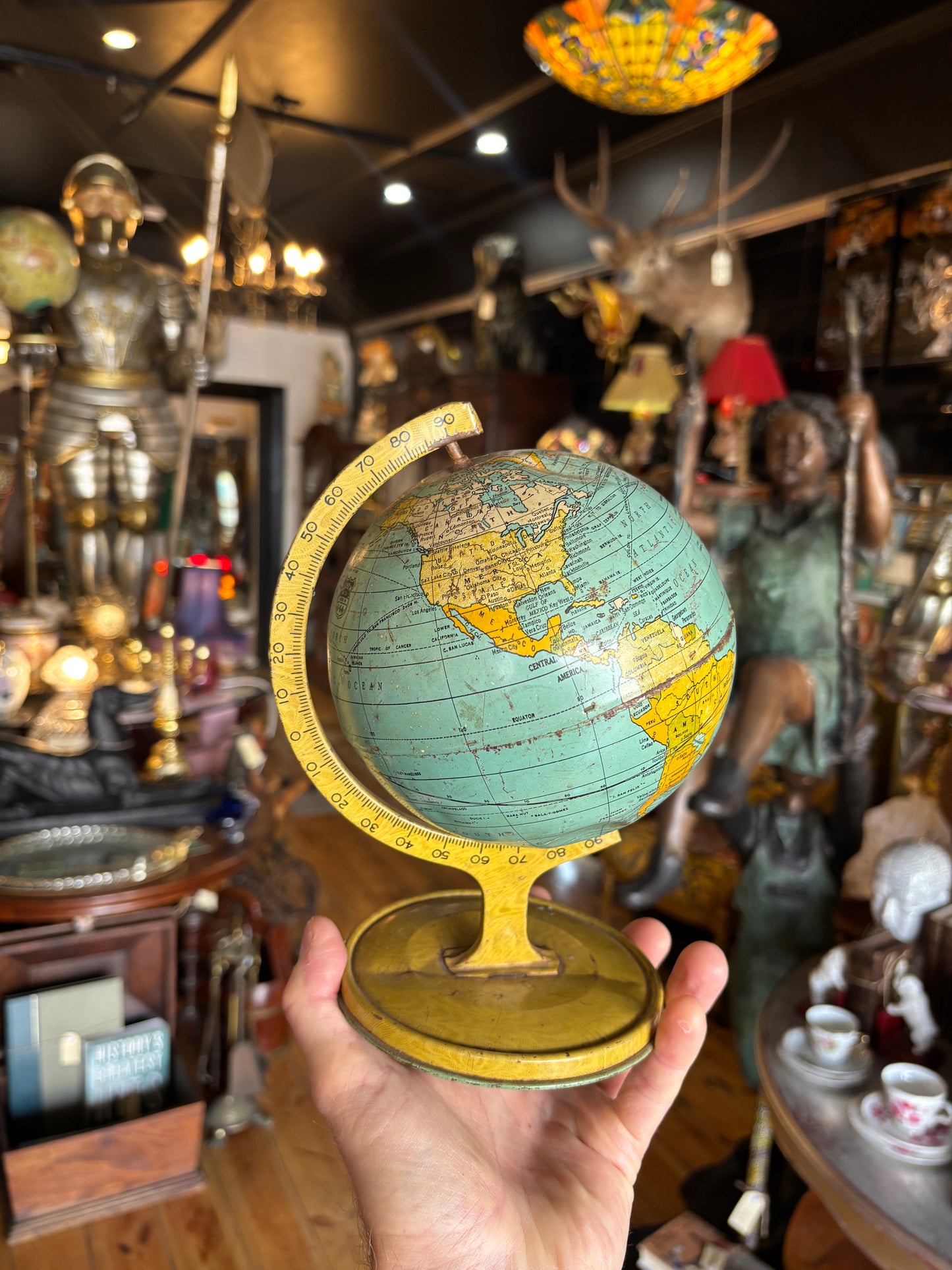 Antique 1930s J. Chein & Co. Tin Lithograph World Globe | Rare American Made Desk Globe with Zeppelin Flight Routes | La La Vintage