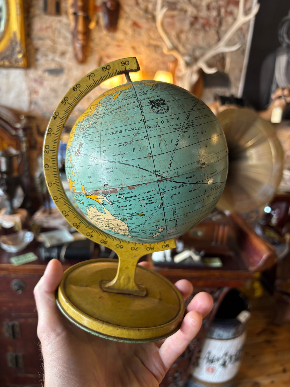 Antique 1930s J. Chein & Co. Tin Lithograph World Globe | Rare American Made Desk Globe with Zeppelin Flight Routes | La La Vintage