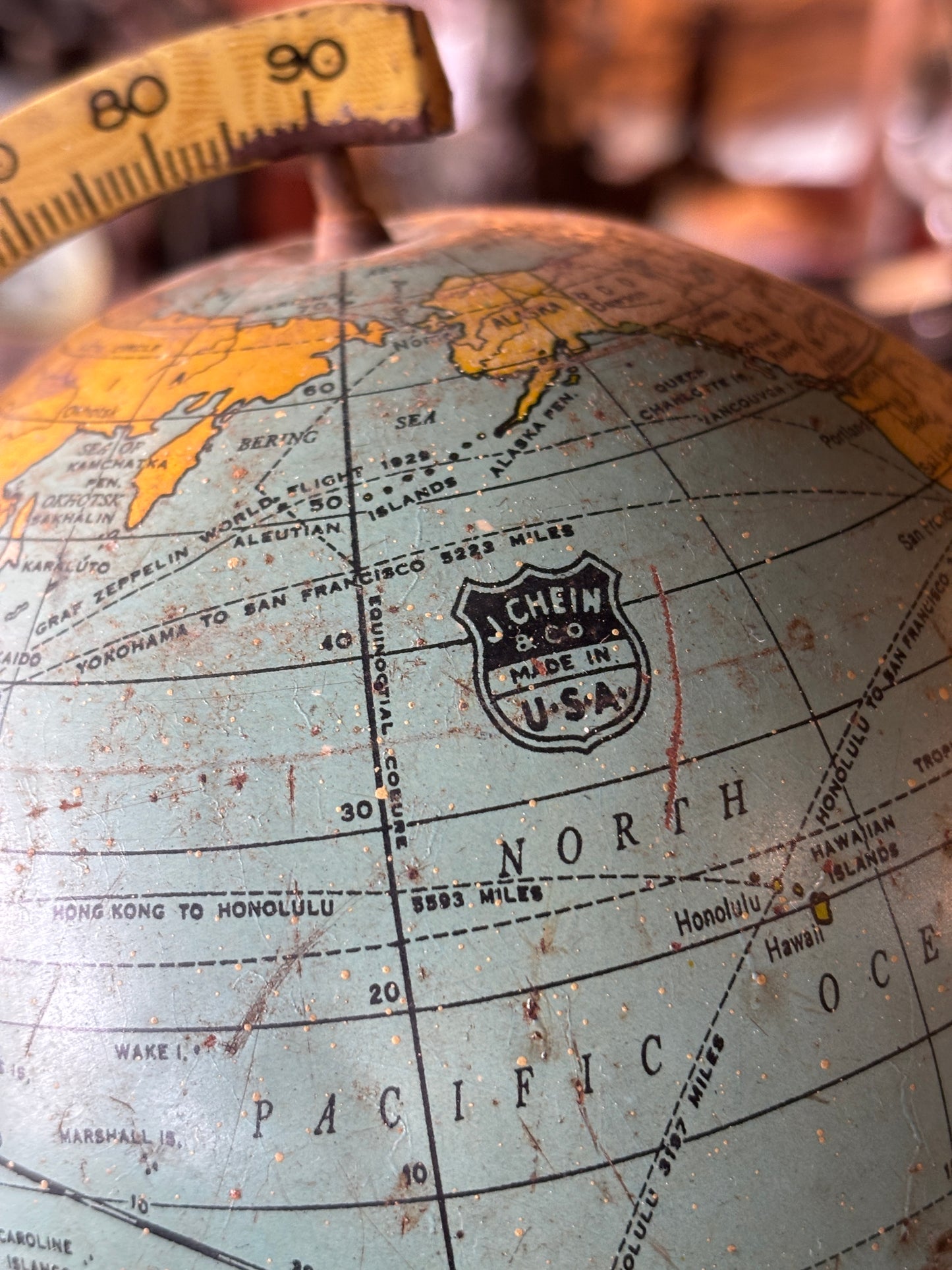Antique 1930s J. Chein & Co. Tin Lithograph World Globe | Rare American Made Desk Globe with Zeppelin Flight Routes | La La Vintage
