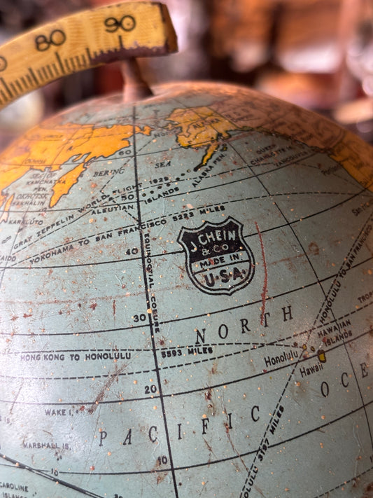 Antique 1930s J. Chein & Co. Tin Lithograph World Globe | Rare American Made Desk Globe with Zeppelin Flight Routes | La La Vintage