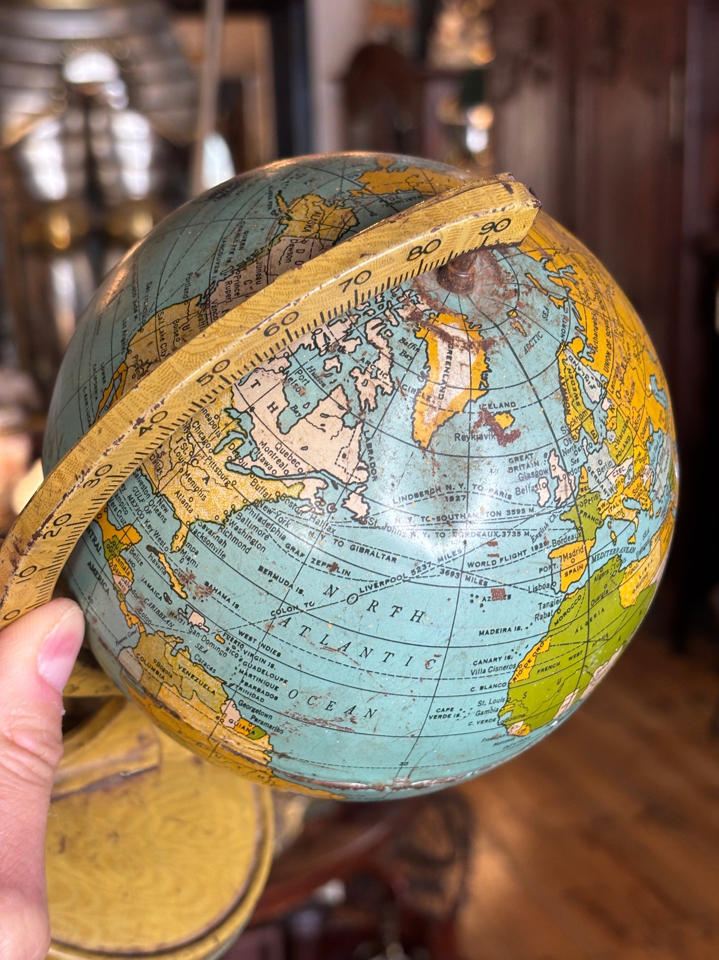 Antique 1930s J. Chein & Co. Tin Lithograph World Globe | Rare American Made Desk Globe with Zeppelin Flight Routes | La La Vintage