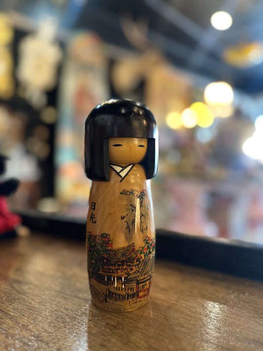 Vintage Usaburo Kokeshi Doll Nikko Toshogu Shrine | Woody Craft Japan Wood Burnt Folk Art