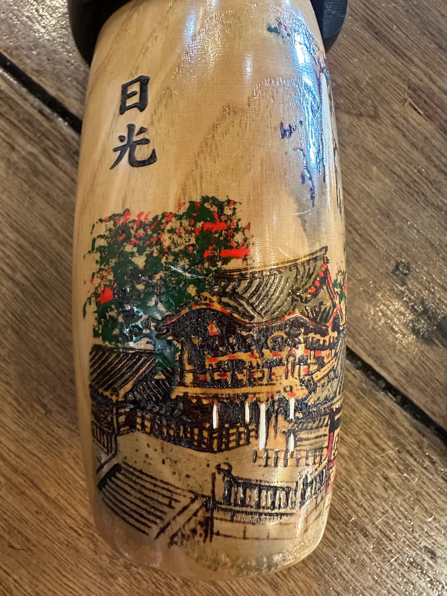 Vintage Usaburo Kokeshi Doll Nikko Toshogu Shrine | Woody Craft Japan Wood Burnt Folk Art