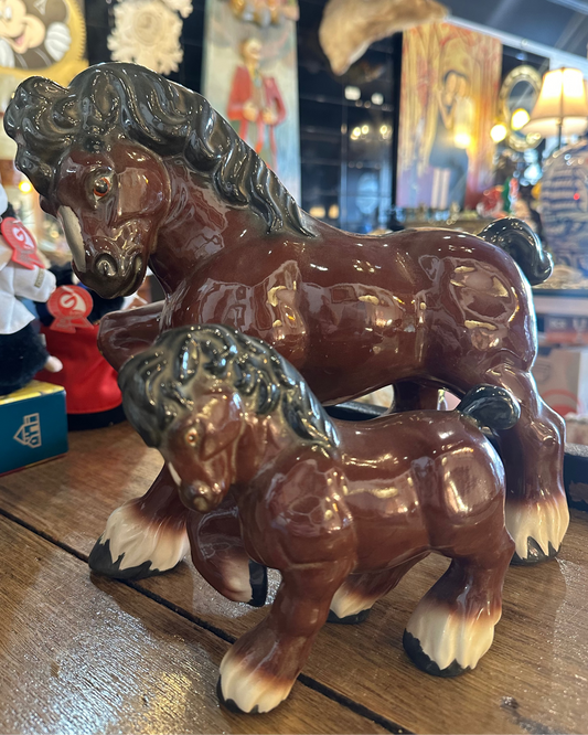 Vintage Ceramic Shire Horse & Foal Set | Mid-Century Brown Gloss Clydesdale Figurines | English Farmhouse Decor