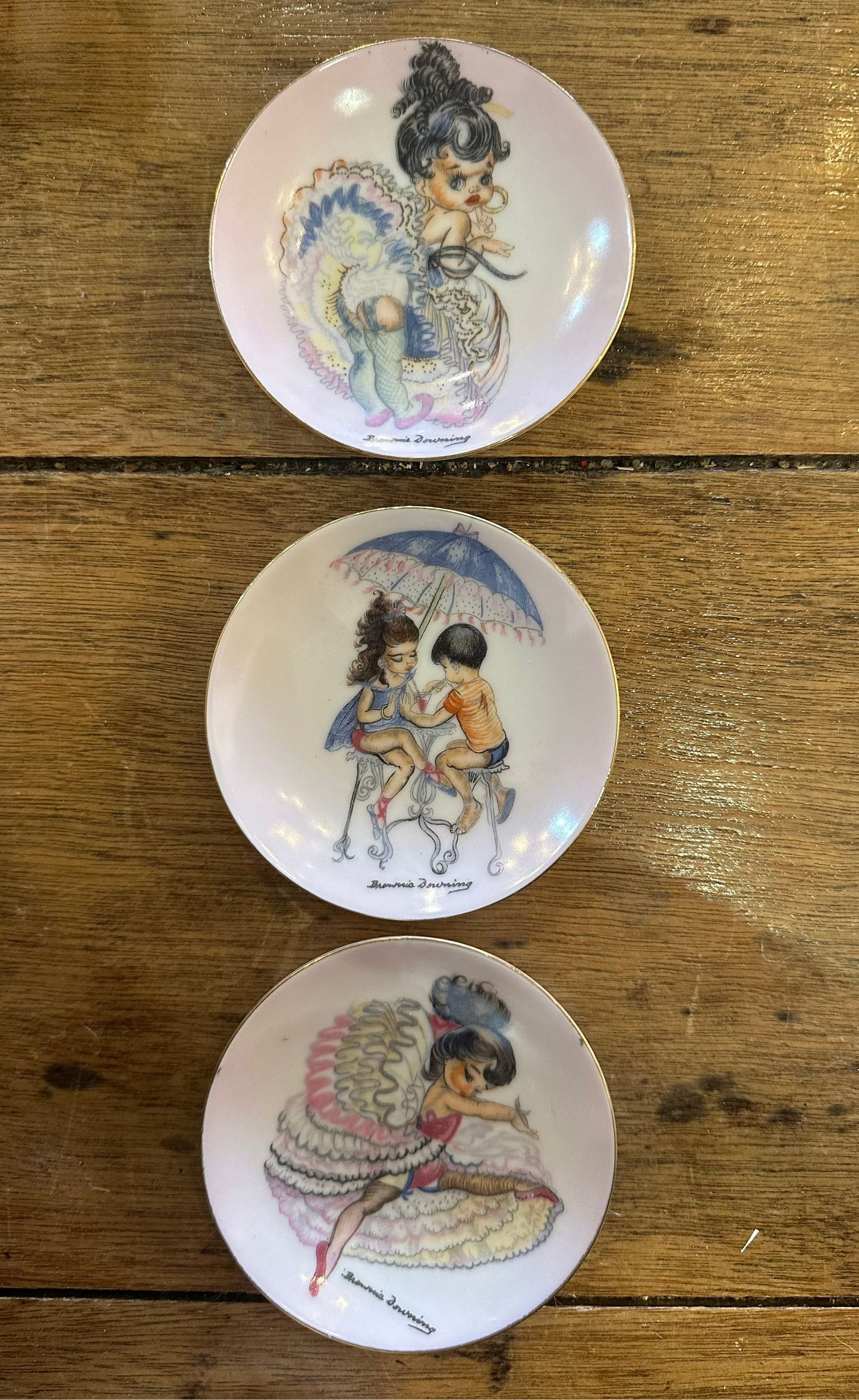 Vintage Brownie Downing Miniature Plates - Showgirls & Children Series - Rare Mid-Century Set of 3