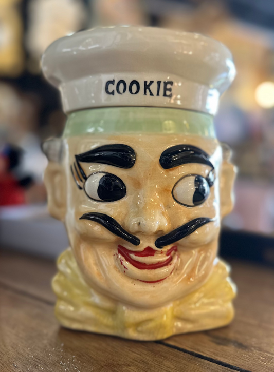 Vintage Chef Head Cookie Jar - 1950s Japanese Ceramic Kitsch - Hand Painted Retro Biscuit Barrel