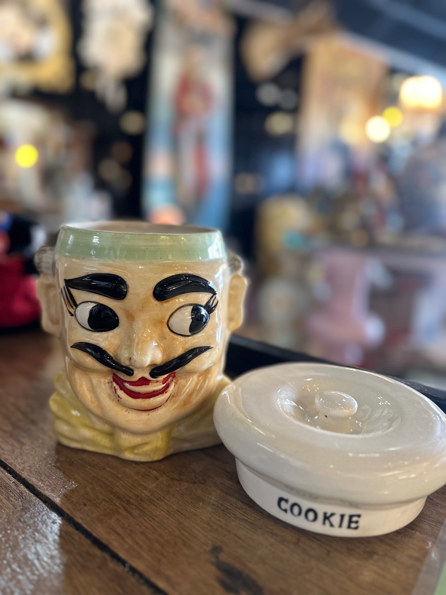 Vintage Chef Head Cookie Jar - 1950s Japanese Ceramic Kitsch - Hand Painted Retro Biscuit Barrel