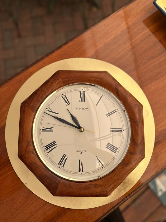 Vintage Seiko Octagonal Wall Clock - Solid Oak Wood Frame - Roman Numeral Quartz