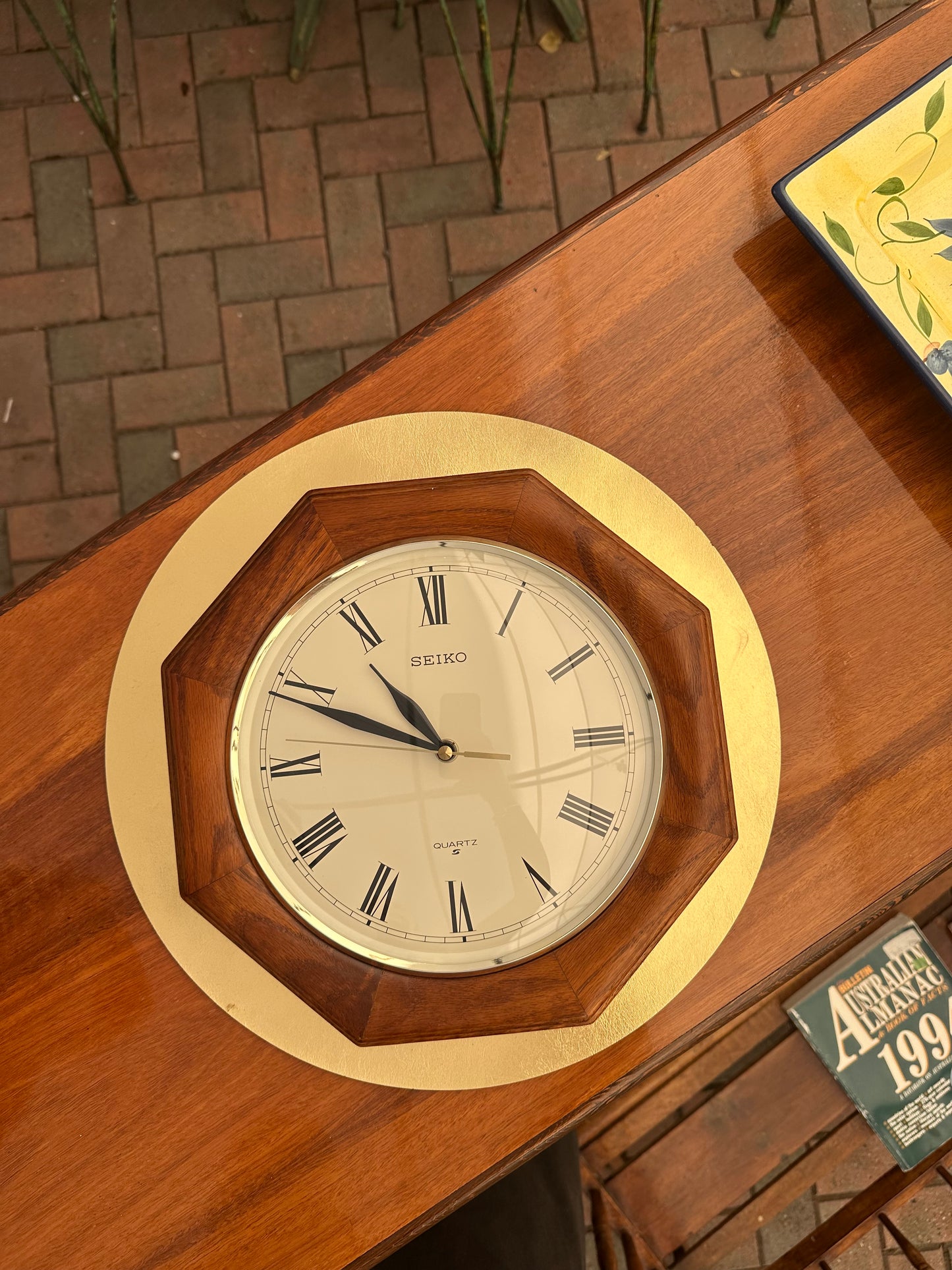 Vintage Seiko Octagonal Wall Clock - Solid Oak Wood Frame - Roman Numeral Quartz