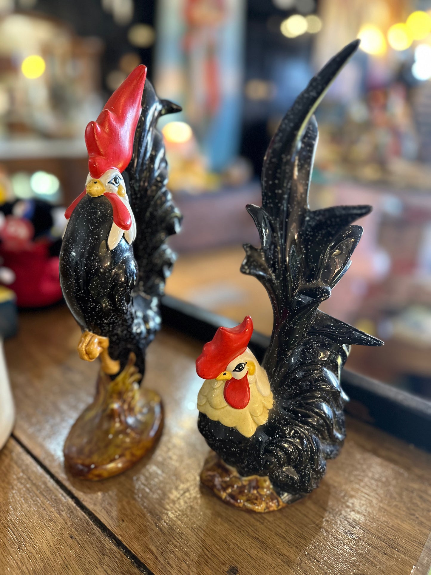 Vintage Mid-Century Speckled Ceramic Rooster Figurines - Pair of Black & White Hand-Painted MCM Chickens