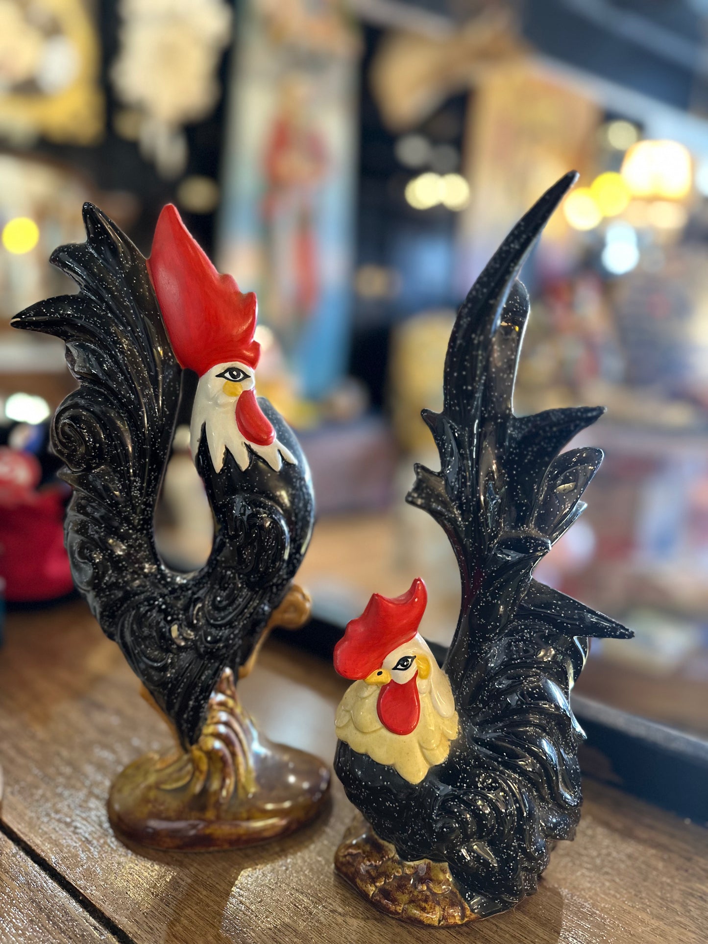 Vintage Mid-Century Speckled Ceramic Rooster Figurines - Pair of Black & White Hand-Painted MCM Chickens