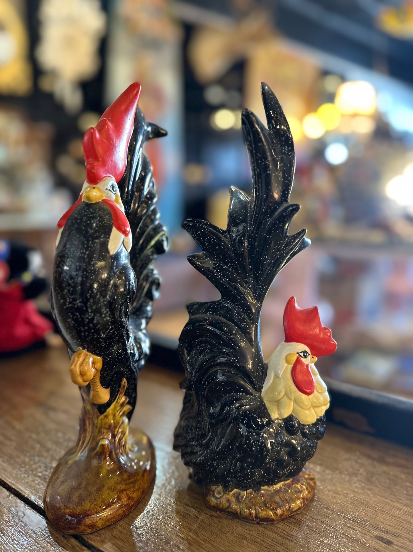 Vintage Mid-Century Speckled Ceramic Rooster Figurines - Pair of Black & White Hand-Painted MCM Chickens