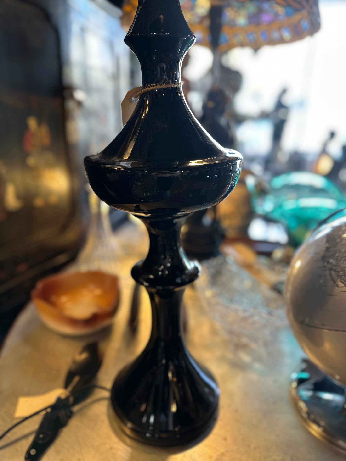 Vintage Mid-Century Black Glass Table Lamp | Hollywood Regency Trophy Urn Style | 1960s MCM Lighting