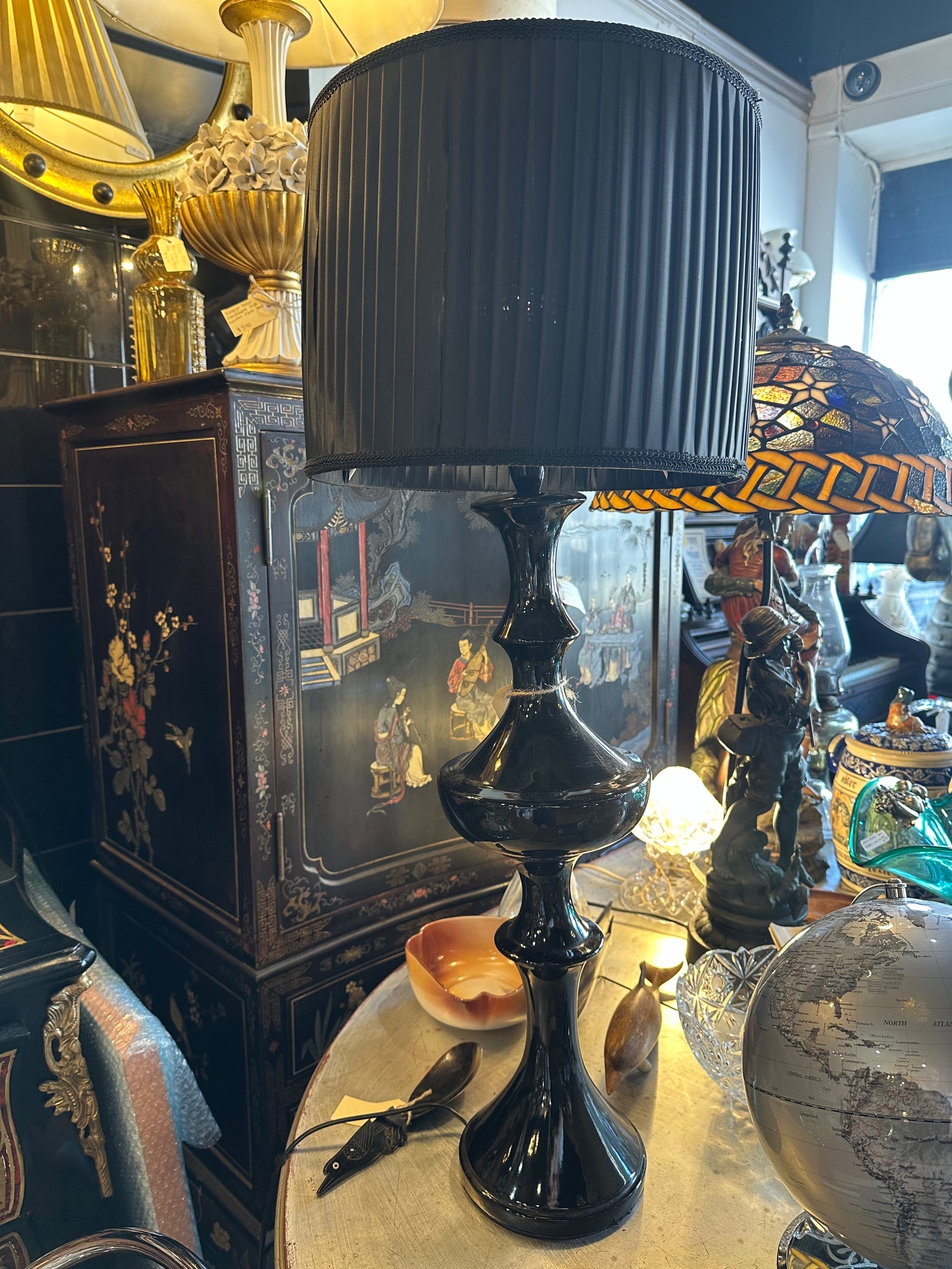 Vintage Mid-Century Black Glass Table Lamp | Hollywood Regency Trophy Urn Style | 1960s MCM Lighting