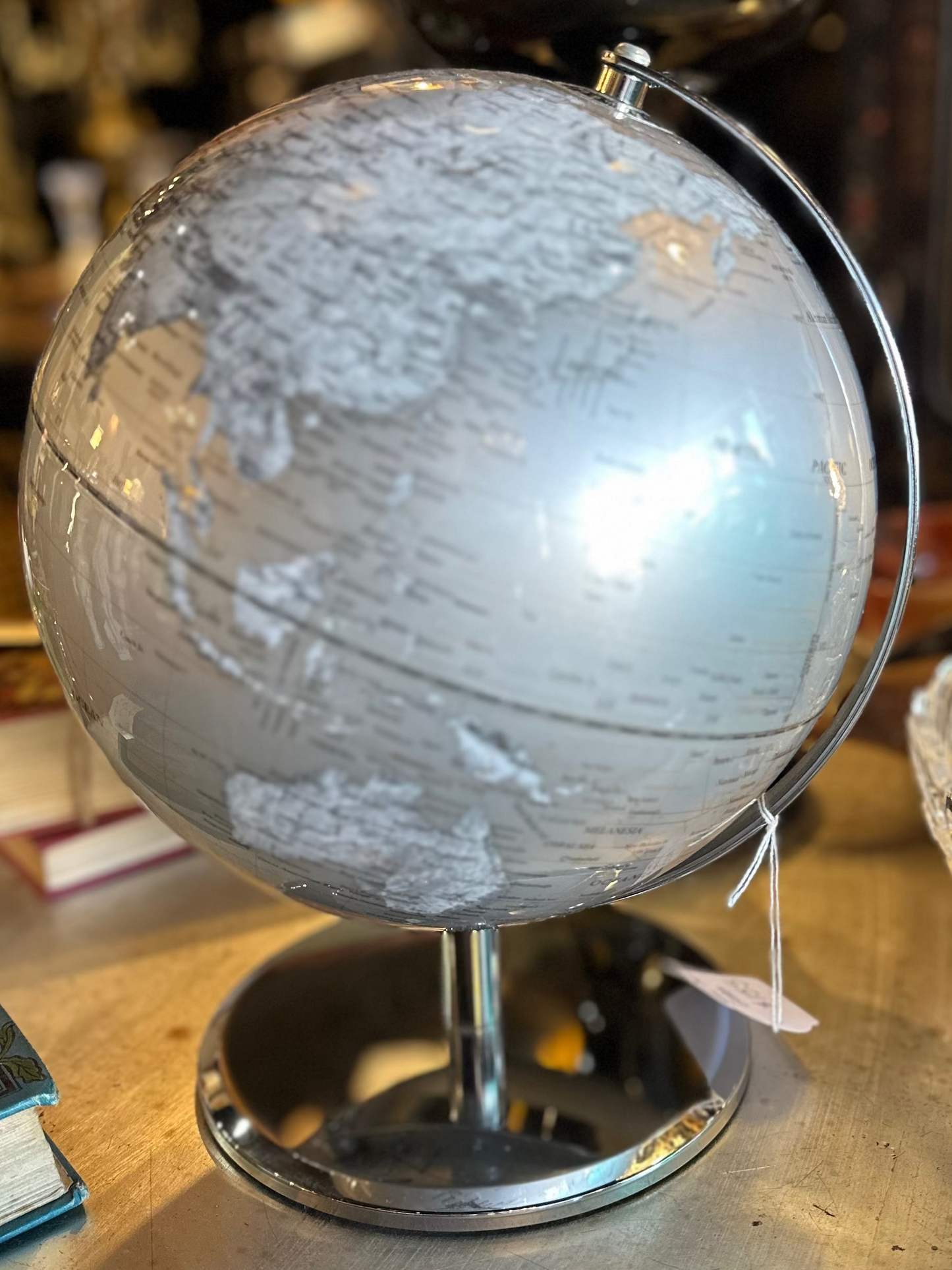 Modern Silver & Grey Desk Globe | Chrome Base Tabletop World Globe