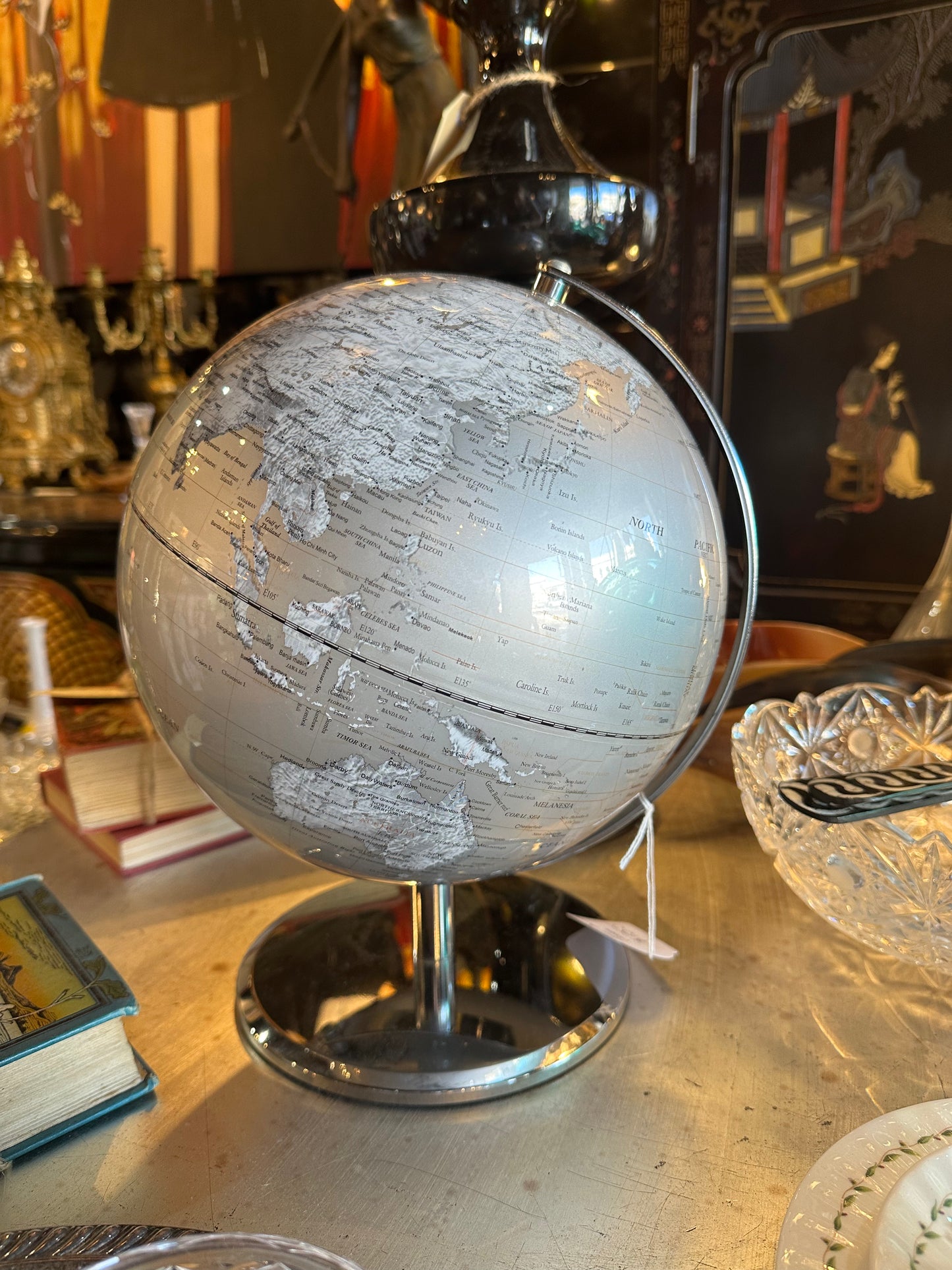 Modern Silver & Grey Desk Globe | Chrome Base Tabletop World Globe