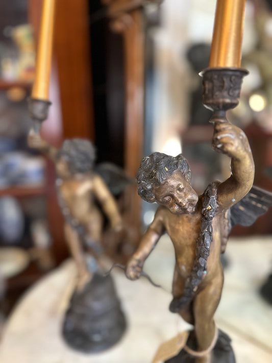 Antique French Style Bronze Cherub Candlestick Holders - Pair of Patinated Bronze Putti Figures