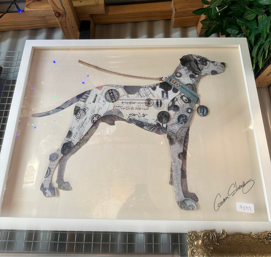 Guan Sheng Large Framed Dog Collage Art – Mixed Media Pointer Greyhound Silhouette – Vintage Ephemera Wall Art