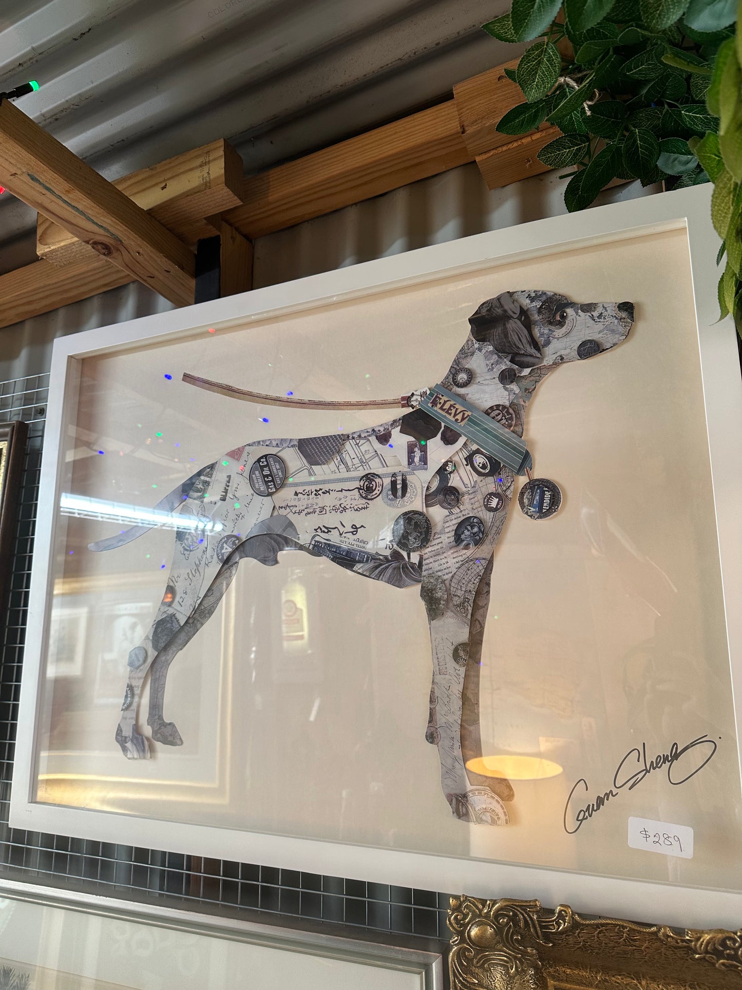 Guan Sheng Large Framed Dog Collage Art – Mixed Media Pointer Greyhound Silhouette – Vintage Ephemera Wall Art
