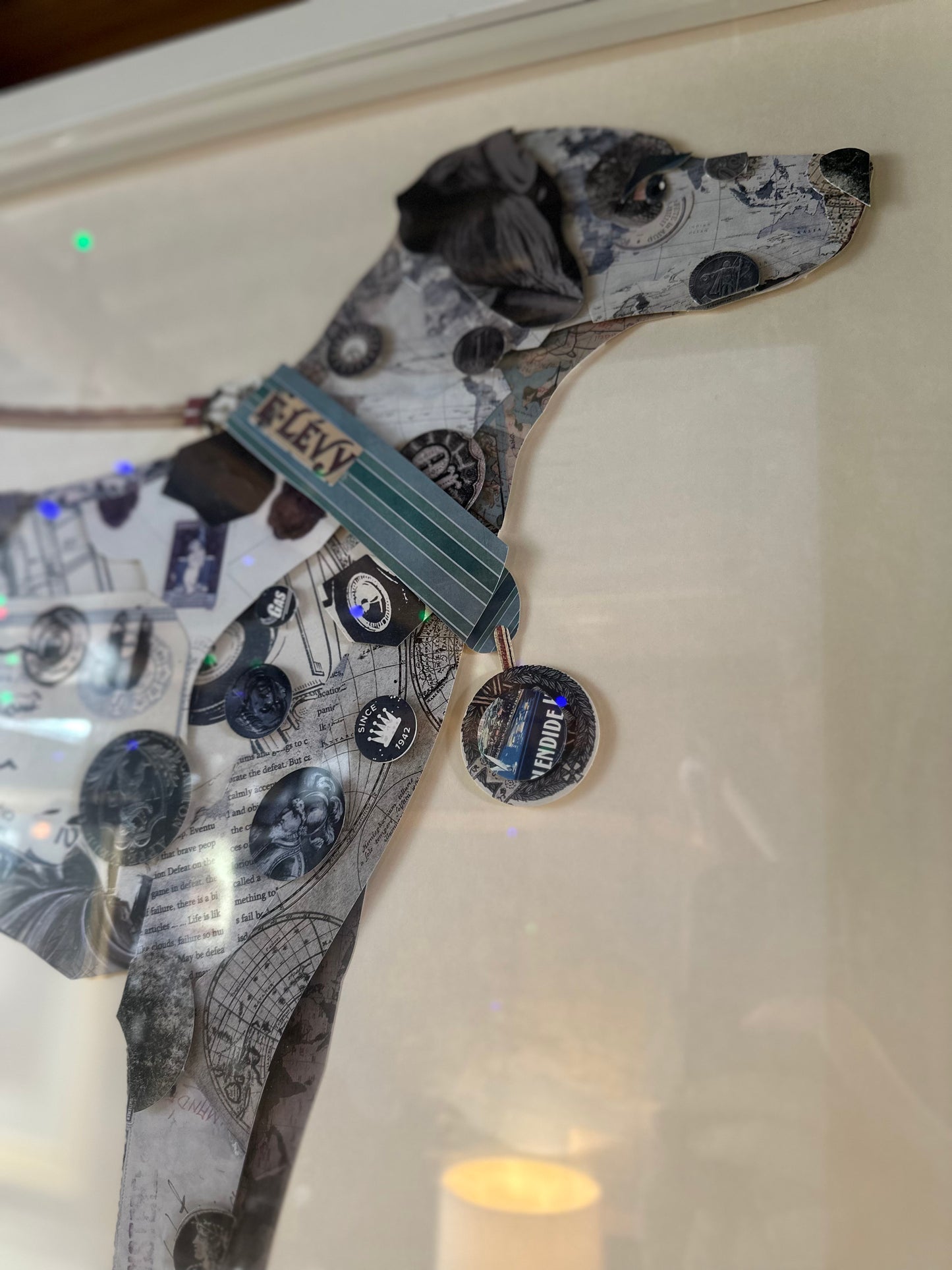 Guan Sheng Large Framed Dog Collage Art – Mixed Media Pointer Greyhound Silhouette – Vintage Ephemera Wall Art