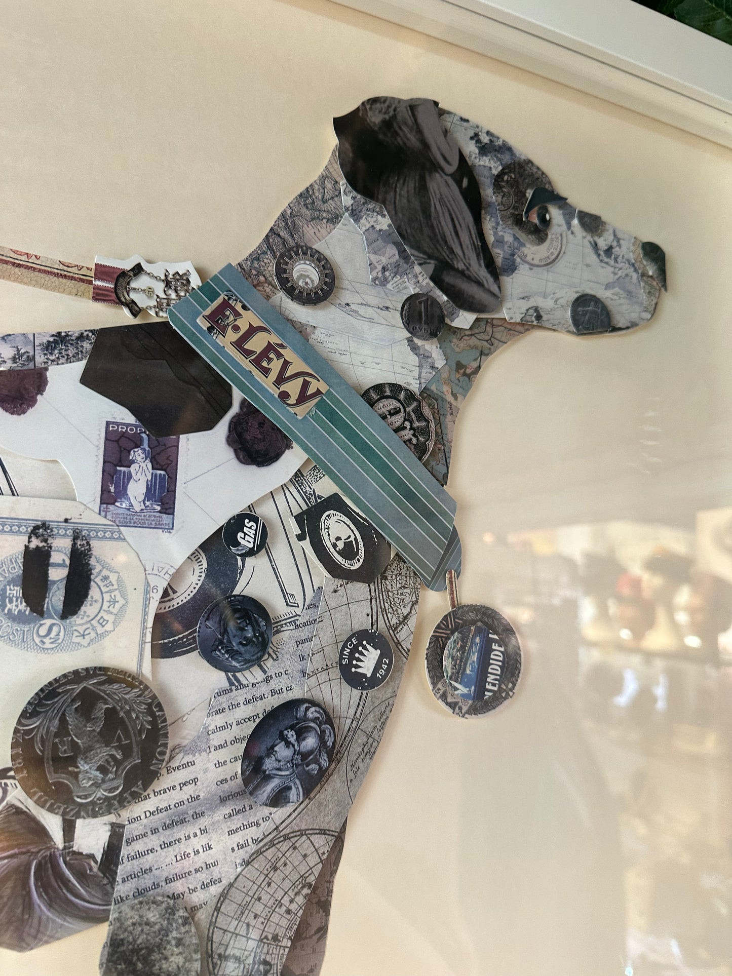 Guan Sheng Large Framed Dog Collage Art – Mixed Media Pointer Greyhound Silhouette – Vintage Ephemera Wall Art