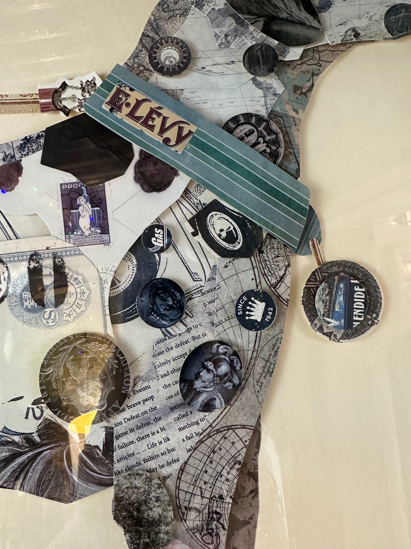 Guan Sheng Large Framed Dog Collage Art – Mixed Media Pointer Greyhound Silhouette – Vintage Ephemera Wall Art