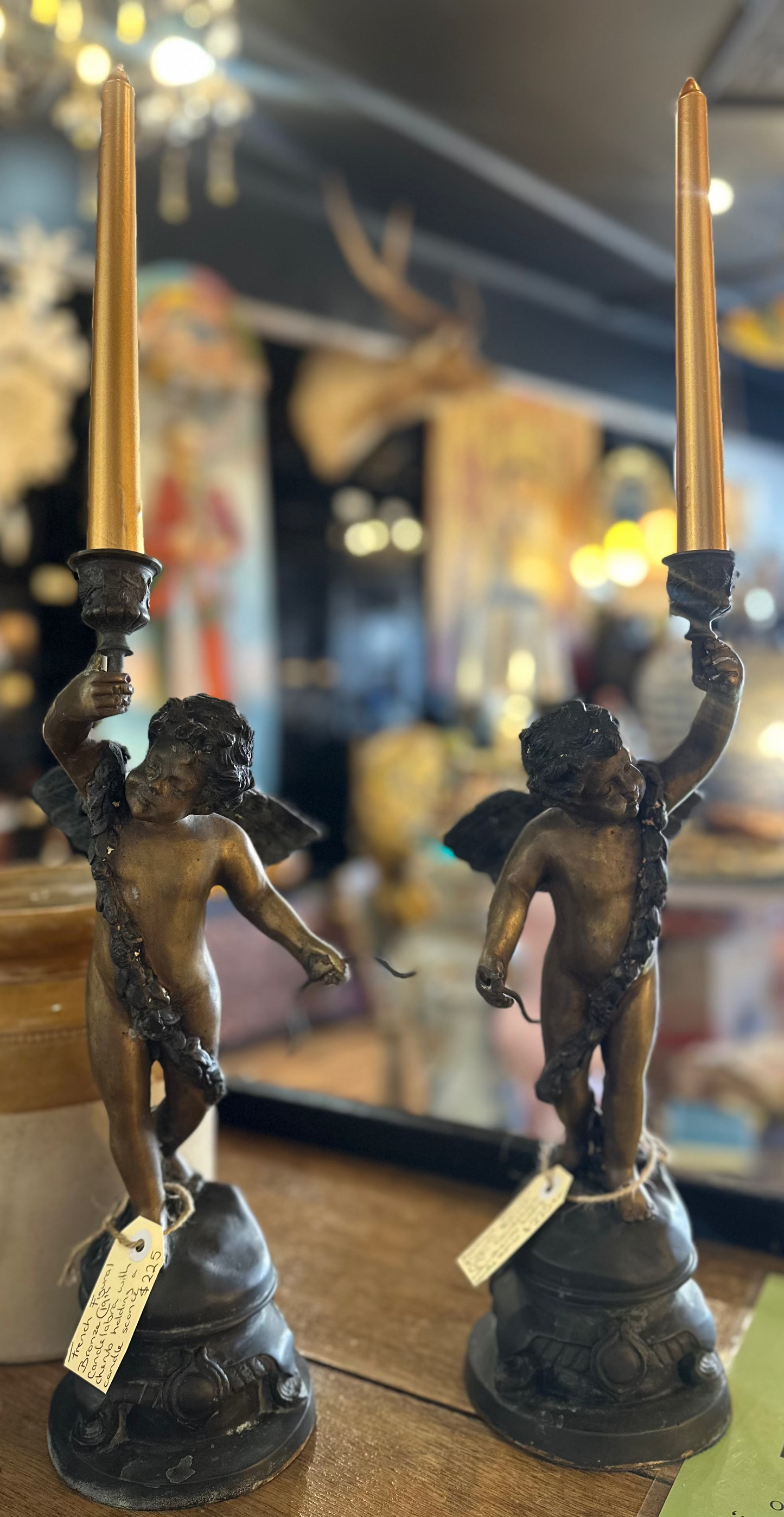 Antique French Style Bronze Cherub Candlestick Holders - Pair of Patinated Bronze Putti Figures