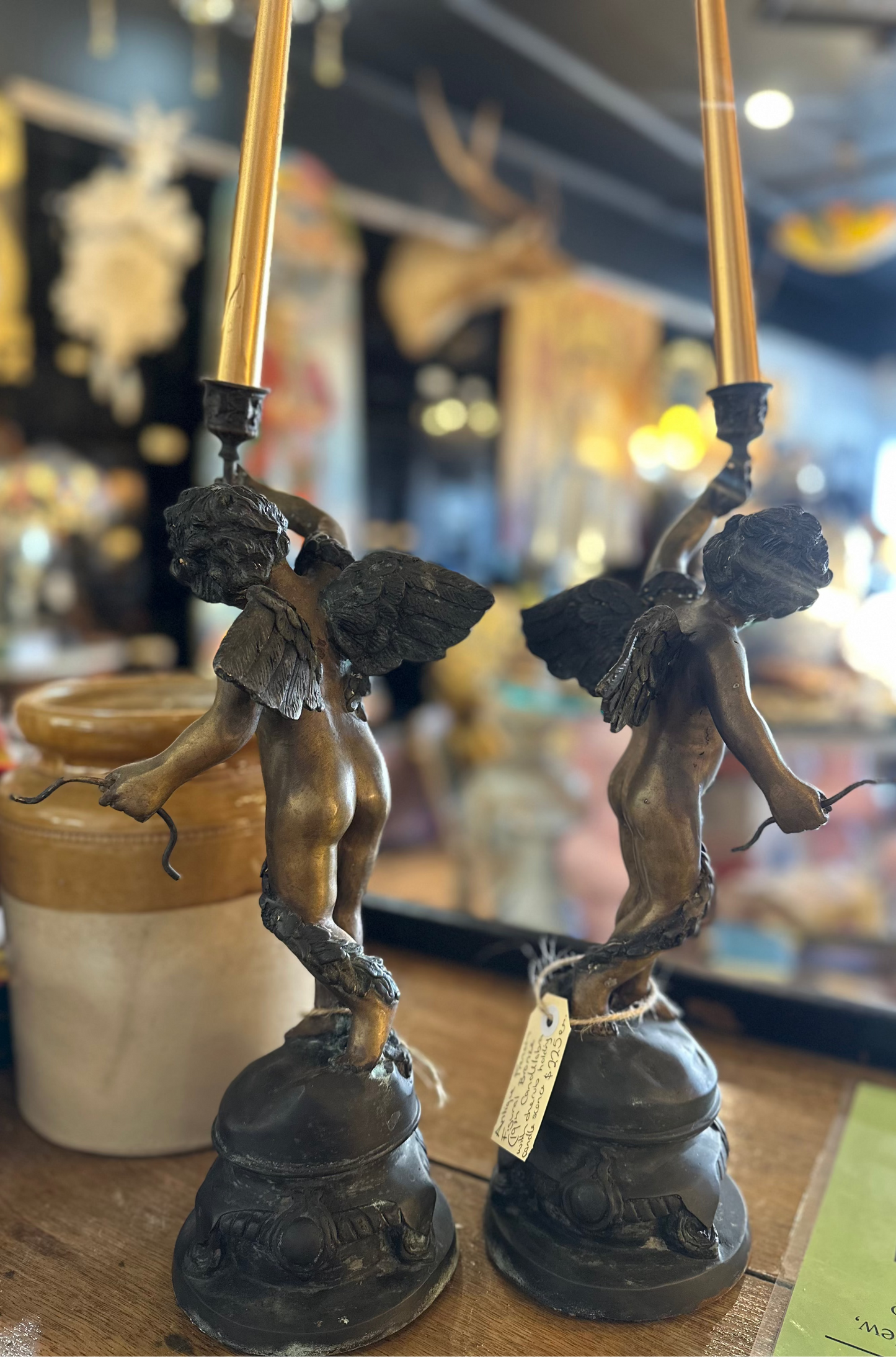 Antique French Style Bronze Cherub Candlestick Holders - Pair of Patinated Bronze Putti Figures