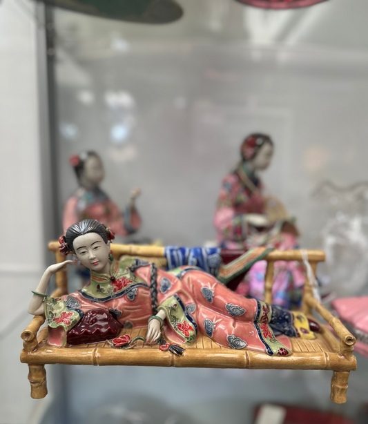 Lin Weidong Signed Shiwan Porcelain Figurine - Reclining Lady on Bamboo Bed - Vintage Chinese Wucai Ceramic Art