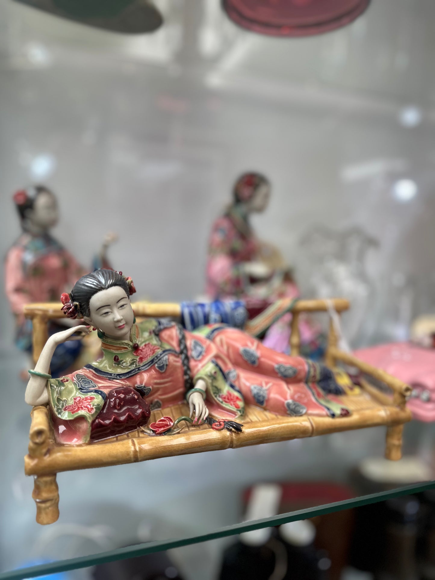 Lin Weidong Signed Shiwan Porcelain Figurine - Reclining Lady on Bamboo Bed - Vintage Chinese Wucai Ceramic Art