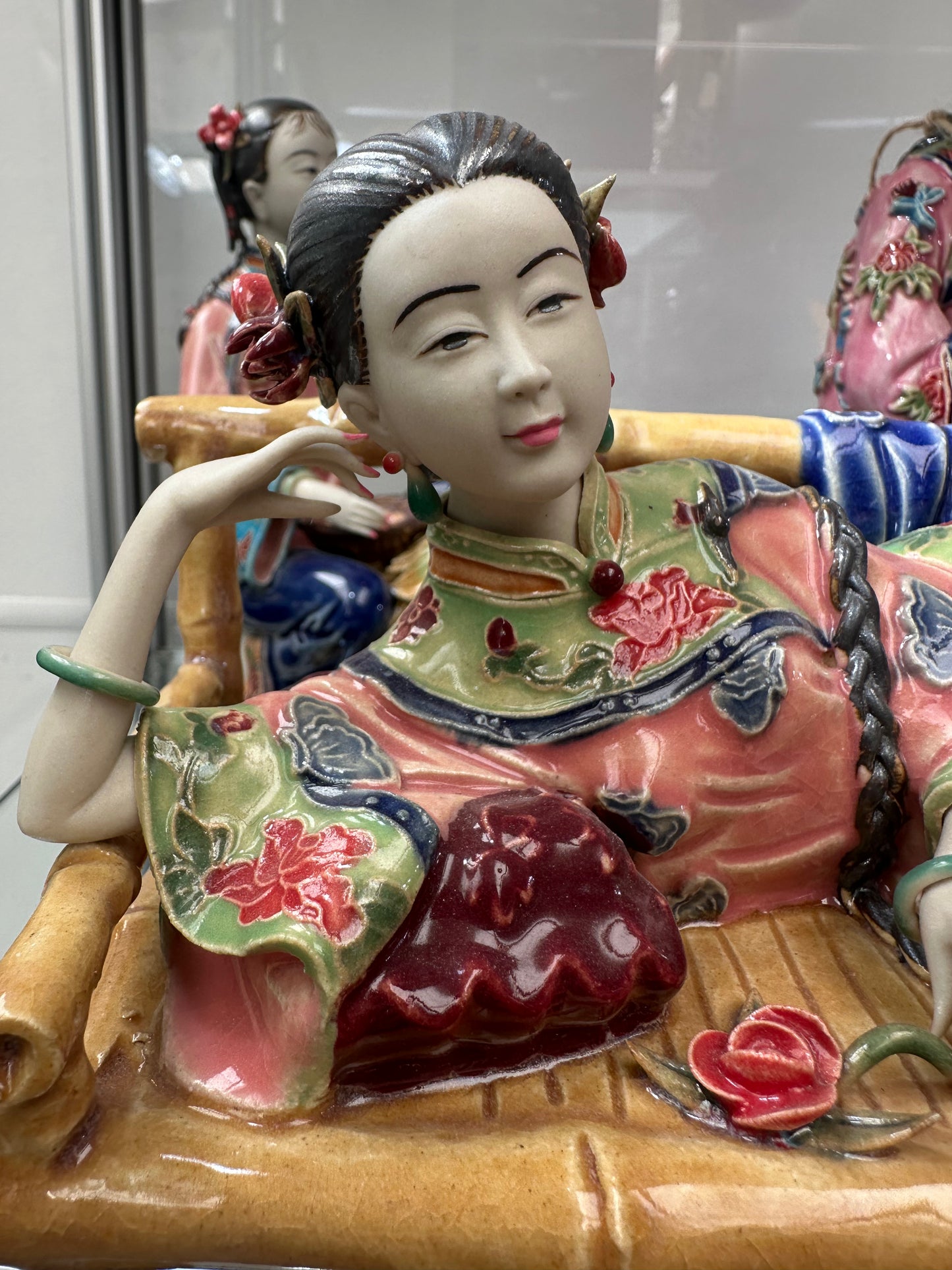 Lin Weidong Signed Shiwan Porcelain Figurine - Reclining Lady on Bamboo Bed - Vintage Chinese Wucai Ceramic Art