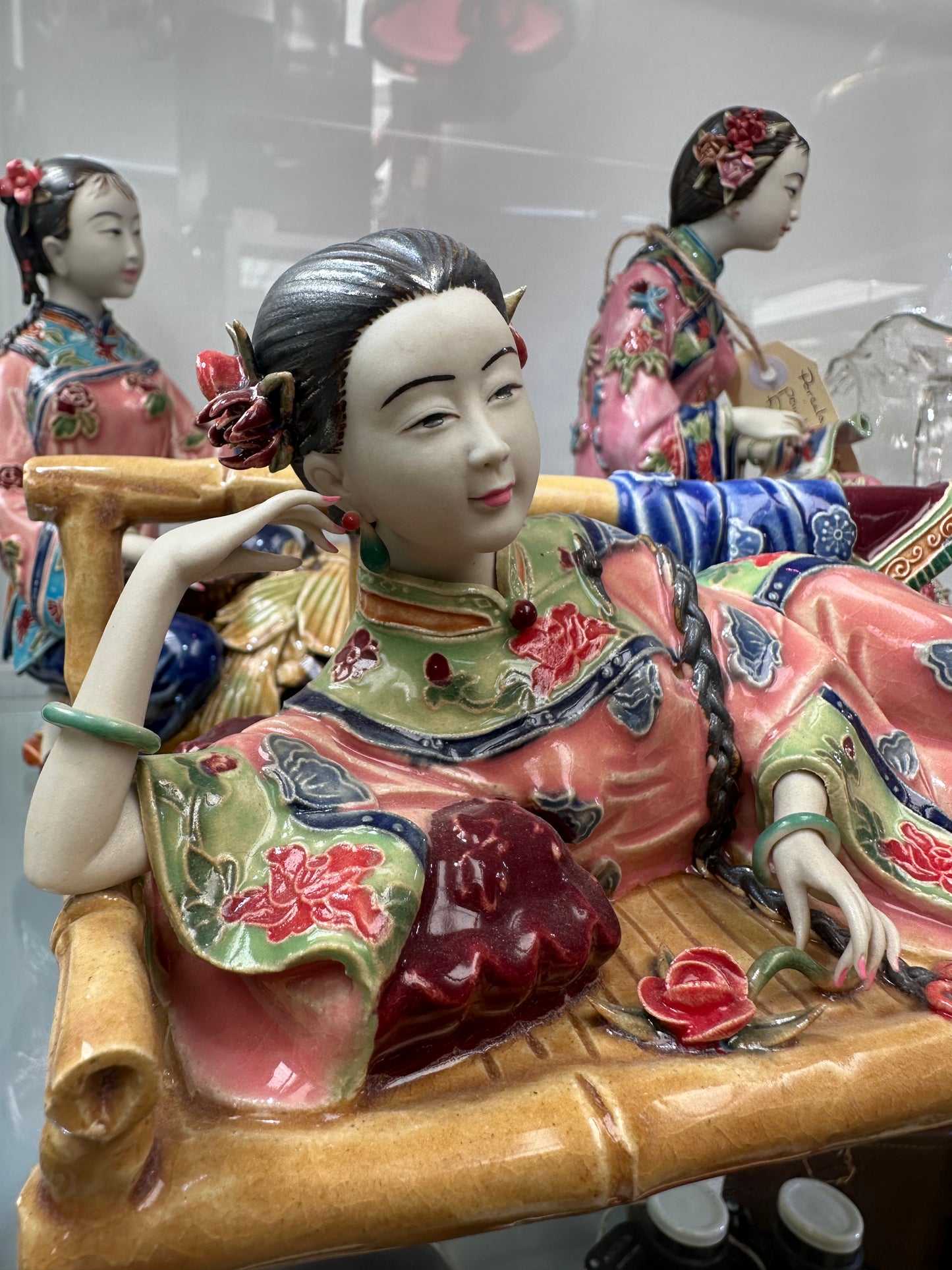 Lin Weidong Signed Shiwan Porcelain Figurine - Reclining Lady on Bamboo Bed - Vintage Chinese Wucai Ceramic Art