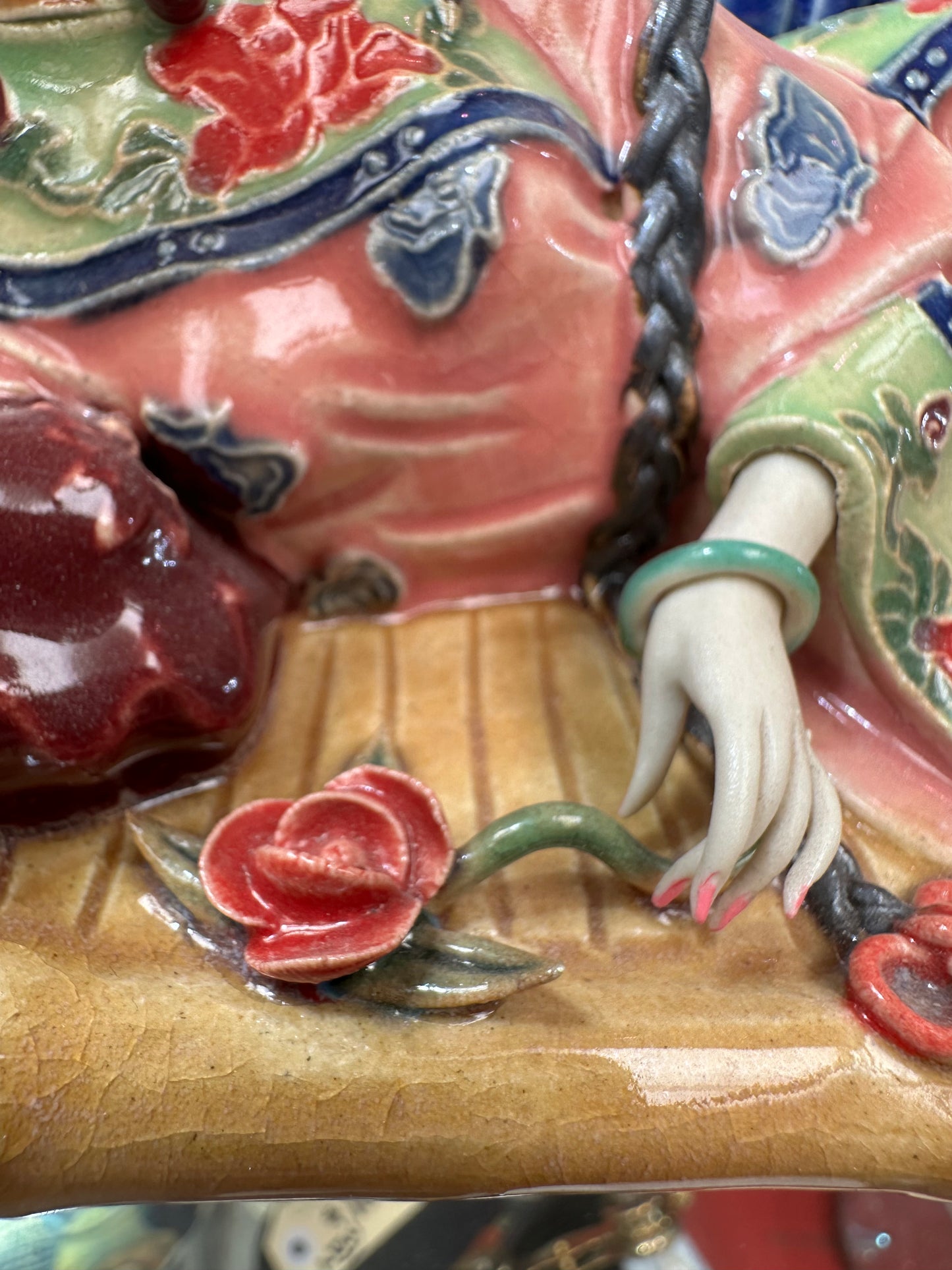 Lin Weidong Signed Shiwan Porcelain Figurine - Reclining Lady on Bamboo Bed - Vintage Chinese Wucai Ceramic Art